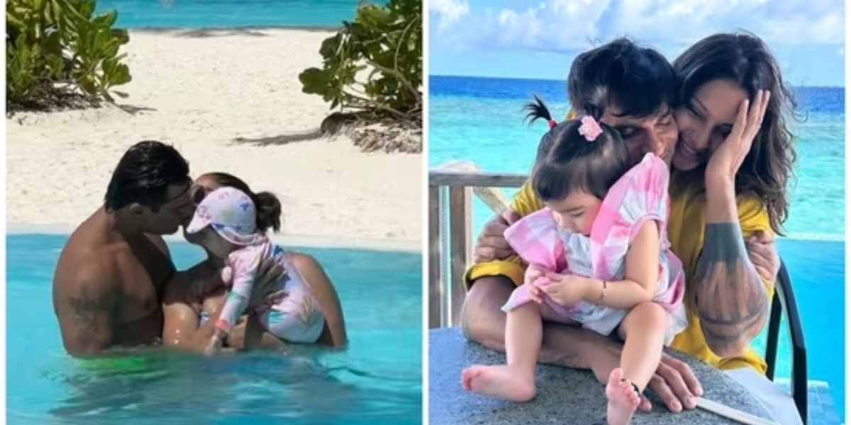 As Bipasha Basu celebrates her 45th birthday in the Maldives, her daughter Devi and father Karan Singh Grover show her all of their love.