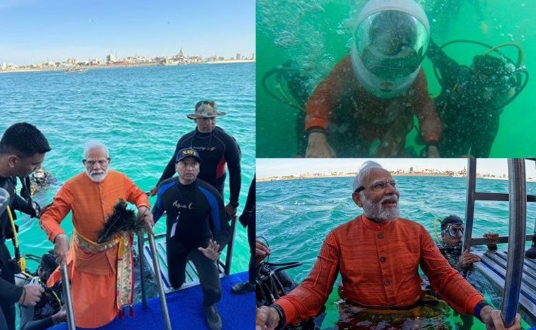 Modi in Gujarat PM dives into sea to perform underwater puja off Dwarka