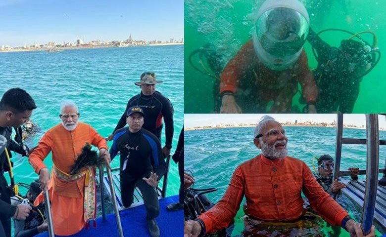 Modi in Gujarat PM dives into sea to perform underwater puja off Dwarka